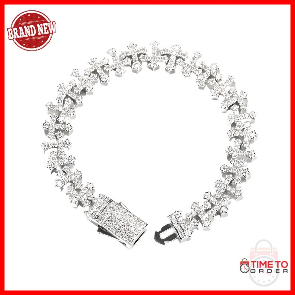 Sterling Silver Iced Out Cross Bracelet Link Chain Hip Hop Jewelry Gift